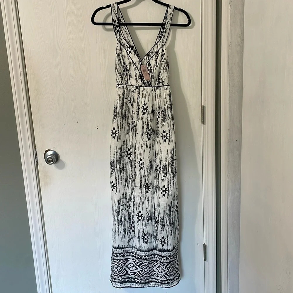 Ann Taylor Factory NWT 100% Linen Maxi Crisscross Black/White Print Dress Sz 2P